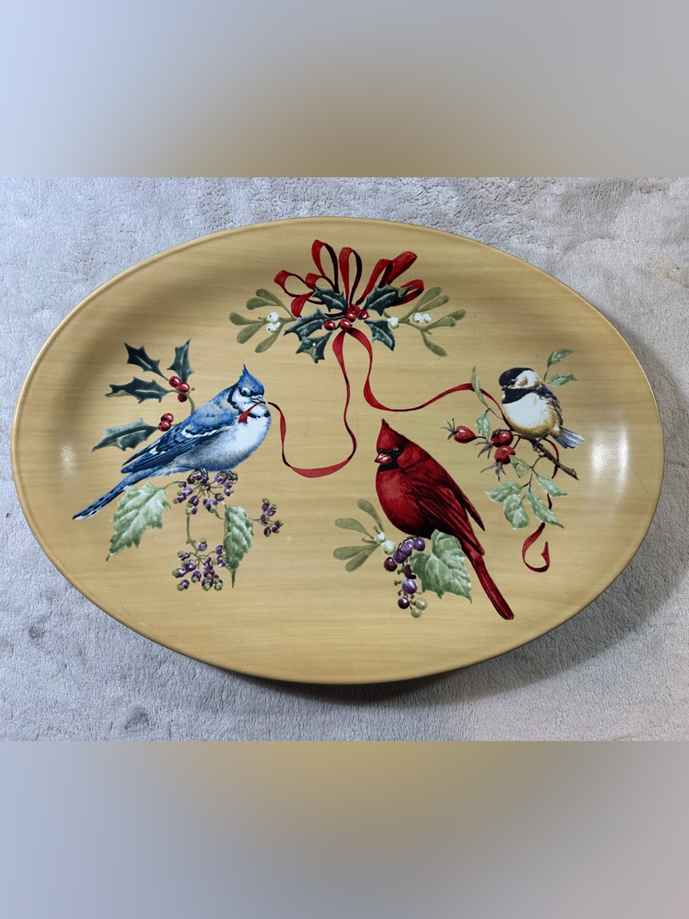 Lenox Winter Greetings Oval Ceramic Platter Birds Holly Mistletoe C2G50